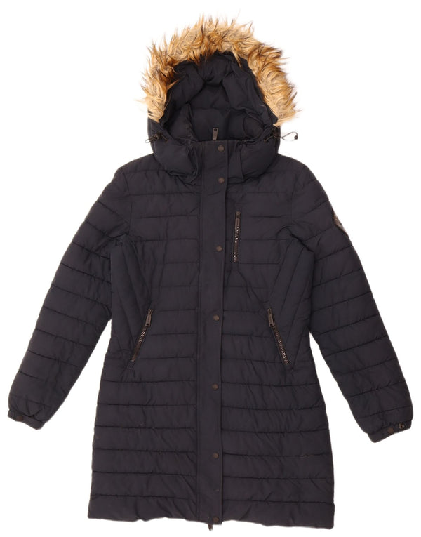 Superdry Abrigo acolchado con capucha para mujer UK 40 Small Nylon azul marino