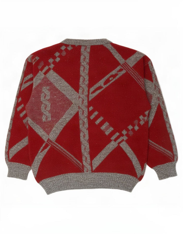 Vintage hombres cuello redondo jersey suéter grande rojo cheque