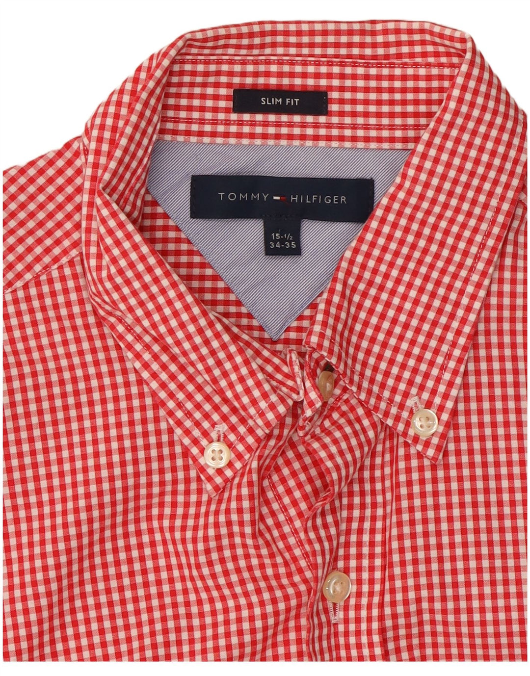 Tommy Hilfiger Camisa Slim Fit para Hombre Talla 15 1/2 Medium Red Gingham