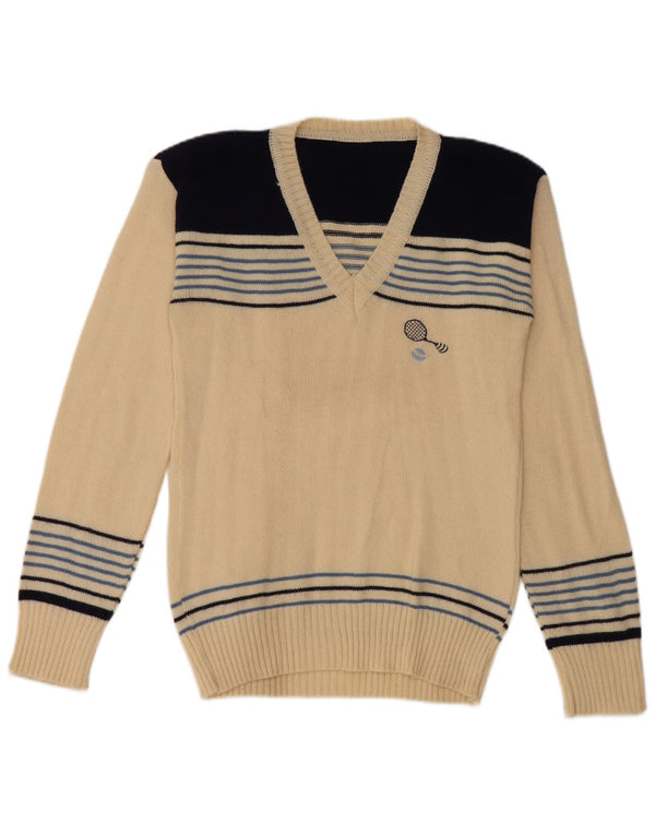 Vintage mujer V-cuello jumper suéter Reino Unido 8 pequeño de rayas blancas