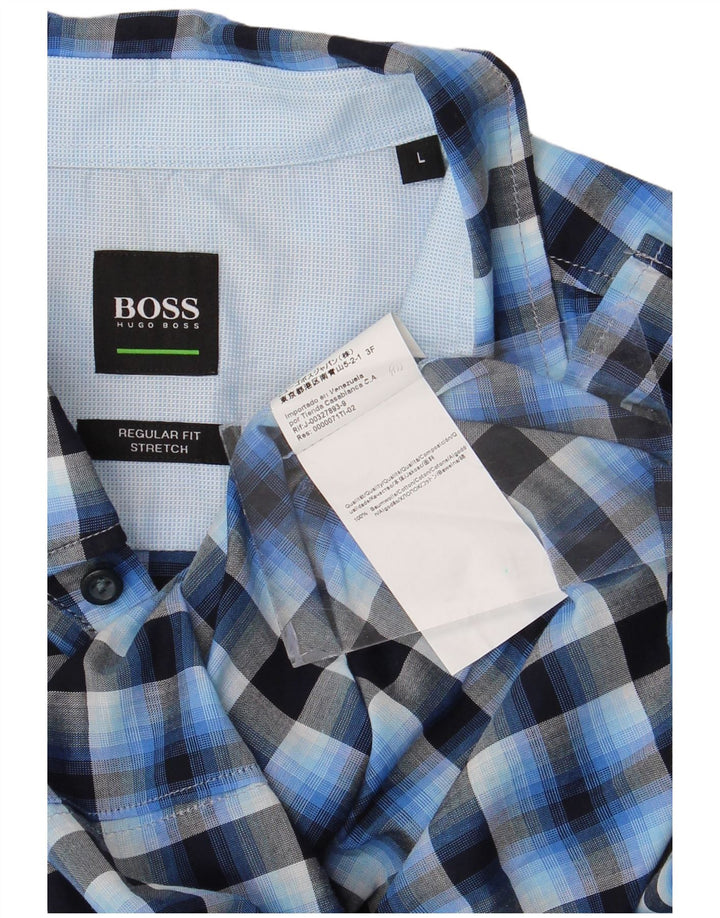 Camisa Hugo Boss Hombre Stretch Regular Fit Algodón A Cuadros Azul Grande