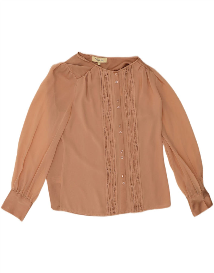 Viyella Blusa camisera con volantes en la parte delantera para mujer UK 10 Small Beige Poliéster