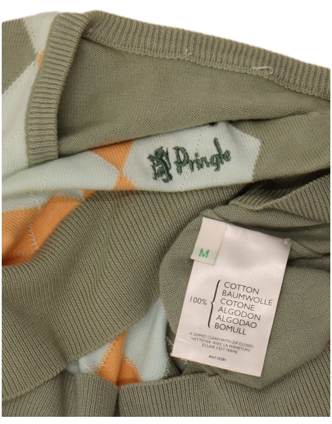 PRINGLE Suéter tipo jersey con cuello en V para mujer UK 44 Medium Khaki Argyle/Diamond