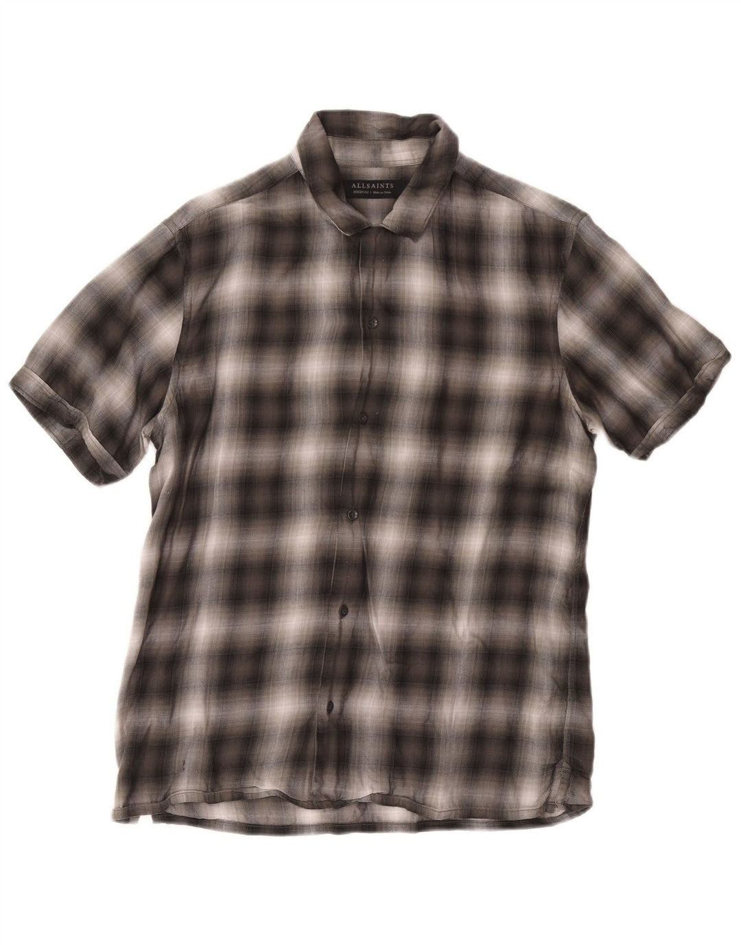Camisa All Saints Hombre Manga Corta Lyocell Cuadros Gris Medio