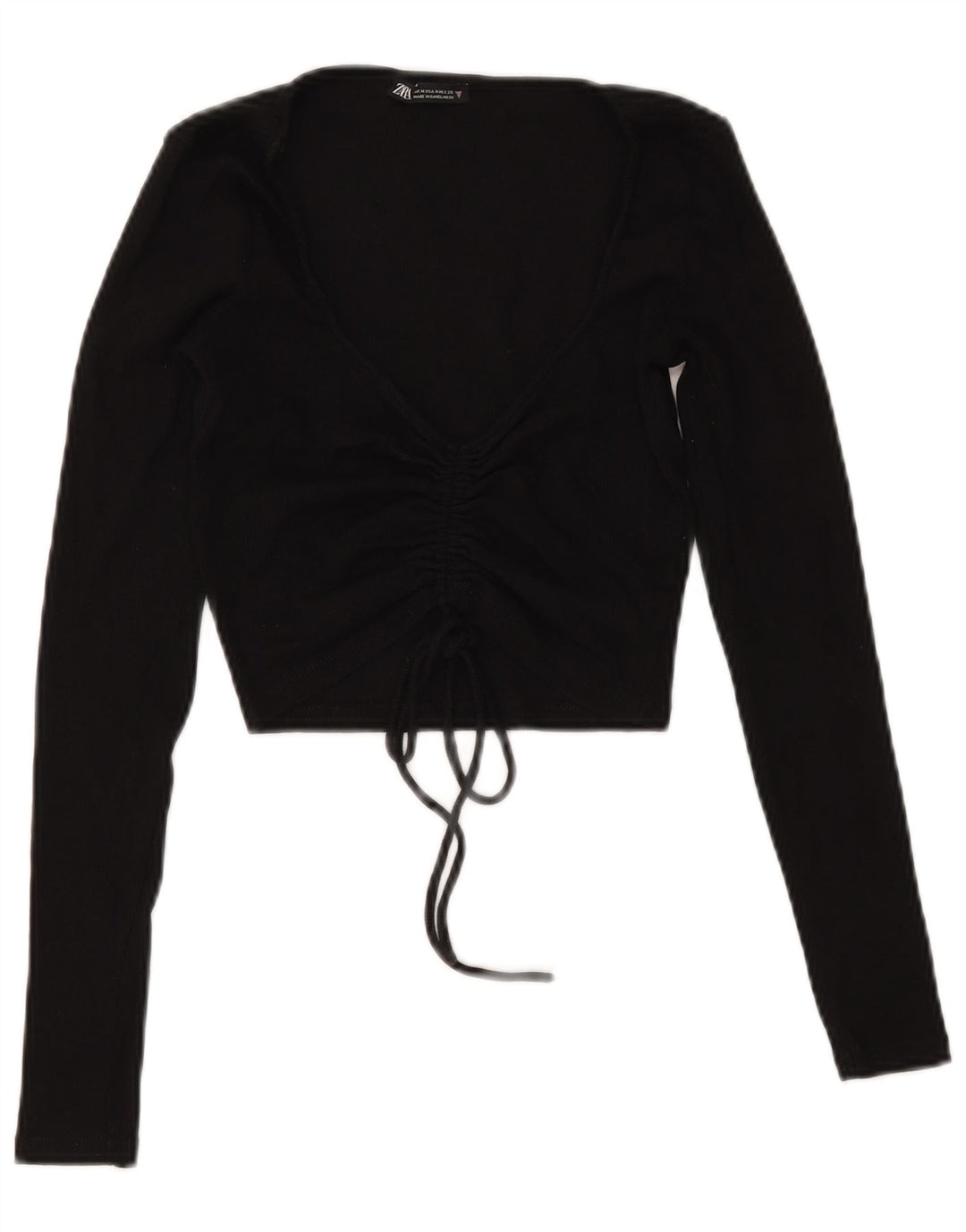 Zara Mujer Crop Front Tie Top Manga Larga UK 12 Medium Negro Algodón