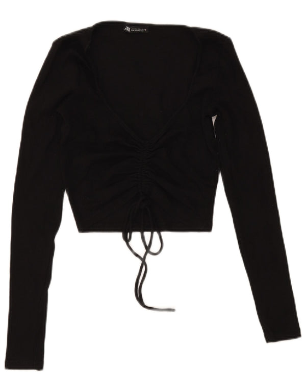 Zara Mujer Crop Front Tie Top Manga Larga UK 12 Medium Negro Algodón