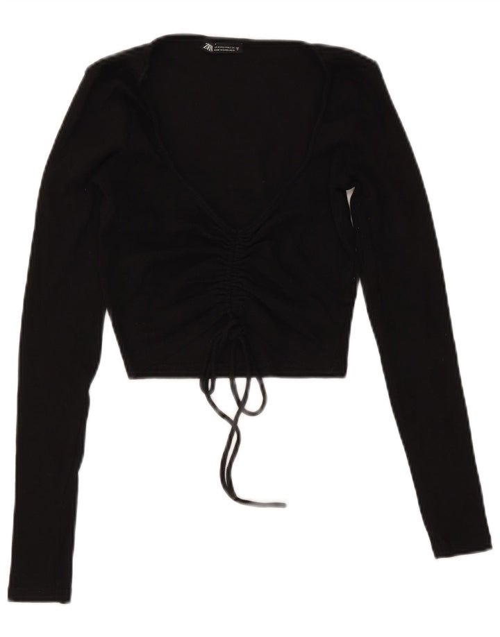 Zara Mujer Crop Front Tie Top Manga Larga UK 12 Medium Negro Algodón