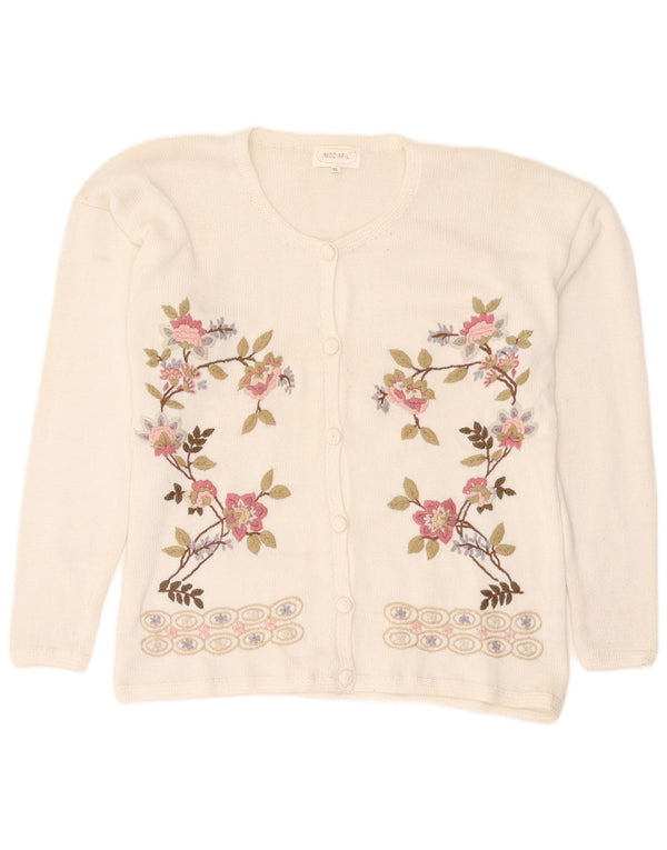 Vintage mujer Cardigan suéter Reino Unido 18 XL poliéster floral blanco