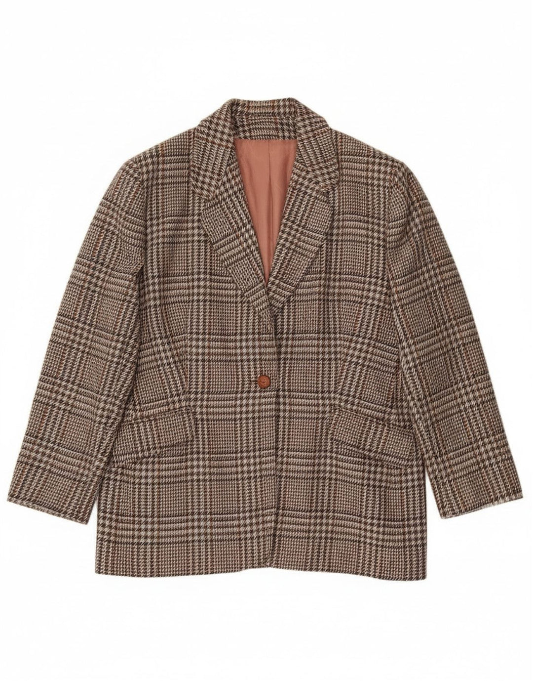 Vintage mujer 1 botón Blazer chaqueta Reino Unido 20 2XL marrón comprobar lana