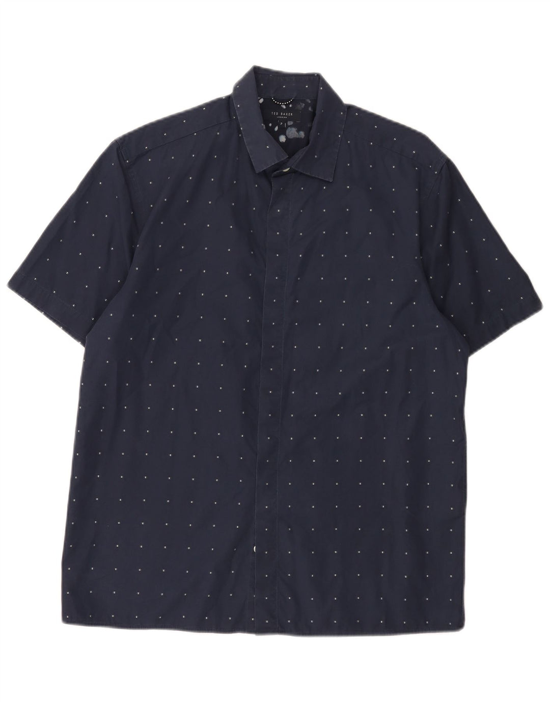 Ted Baker Camisa de manga corta para hombre Talla 3 Mediana Azul marino Algodón geométrico