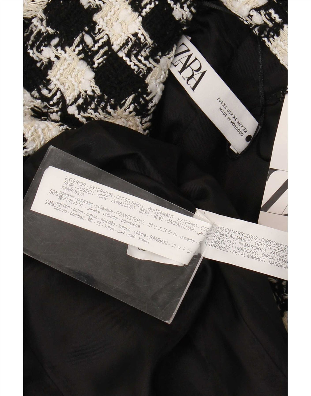 Zara Mujer Abrigo Cruzado ES 40 XL Poliéster Pata De Gallo Negro
