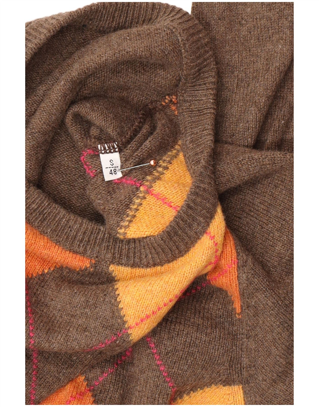 VINTAGE Jersey de cuello redondo para hombre IT 48 Pequeño Marrón Argyle/Diamante