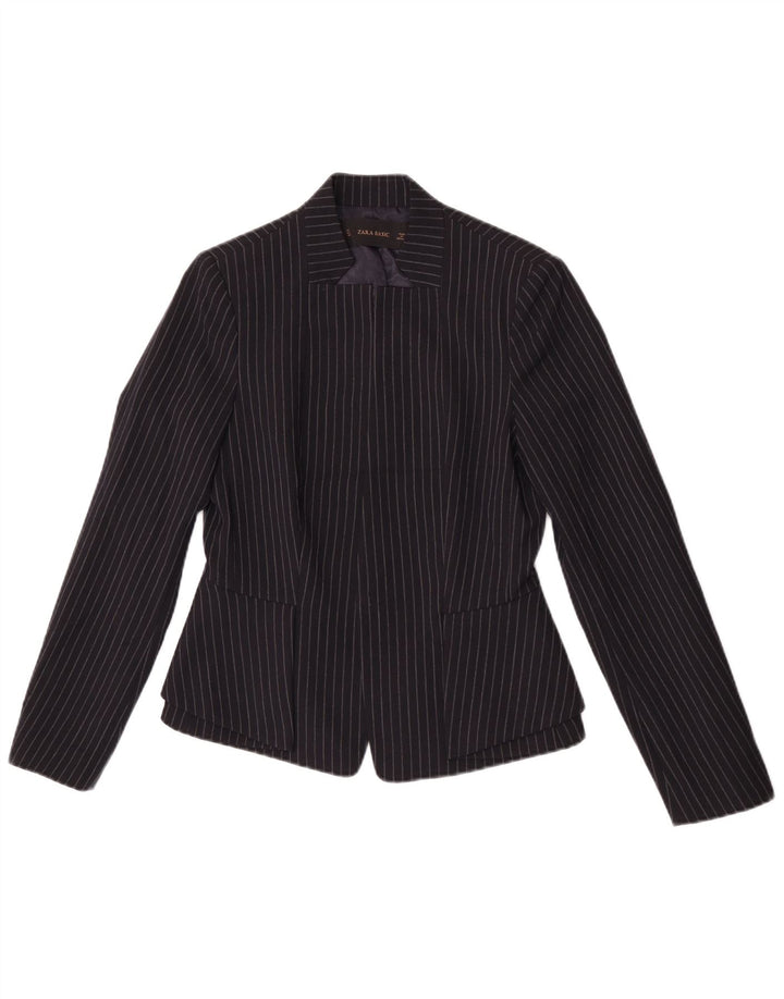 Zara Chaqueta Americana Abierta para Mujer UK 8 Small Azul Marino Rayas Pintadas