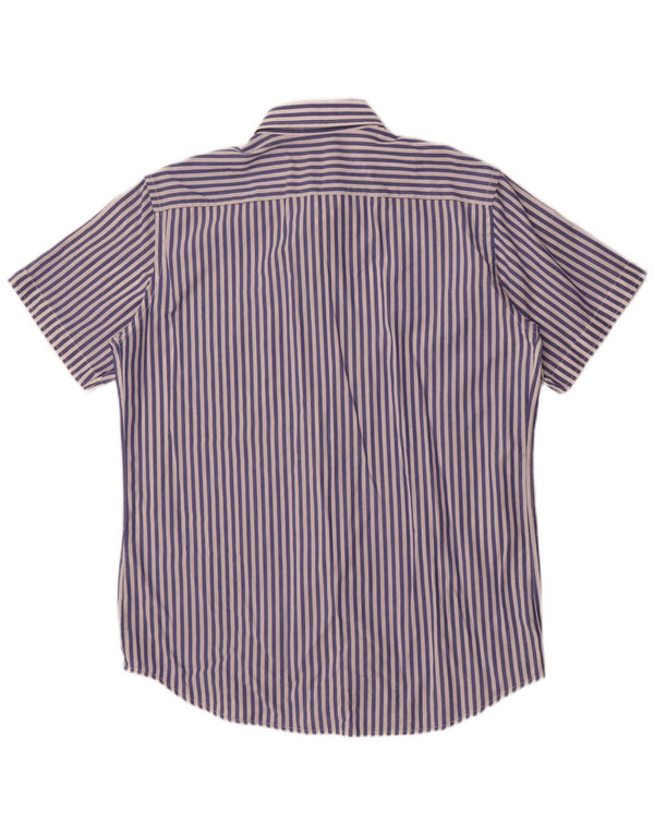 Carrera Camisa de manga corta para hombre de corte regular de algodón a rayas azul marino grande