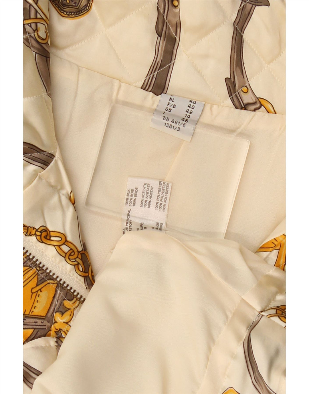 VINTAGE Mujer Patrón abstracto acolchado Gilet Reino Unido 14 Grande de seda blanca