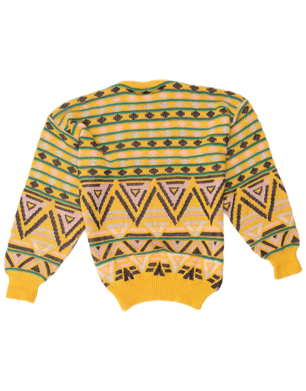 Vintage hombres cuello redondo jersey suéter medio amarillo algodón geométrico