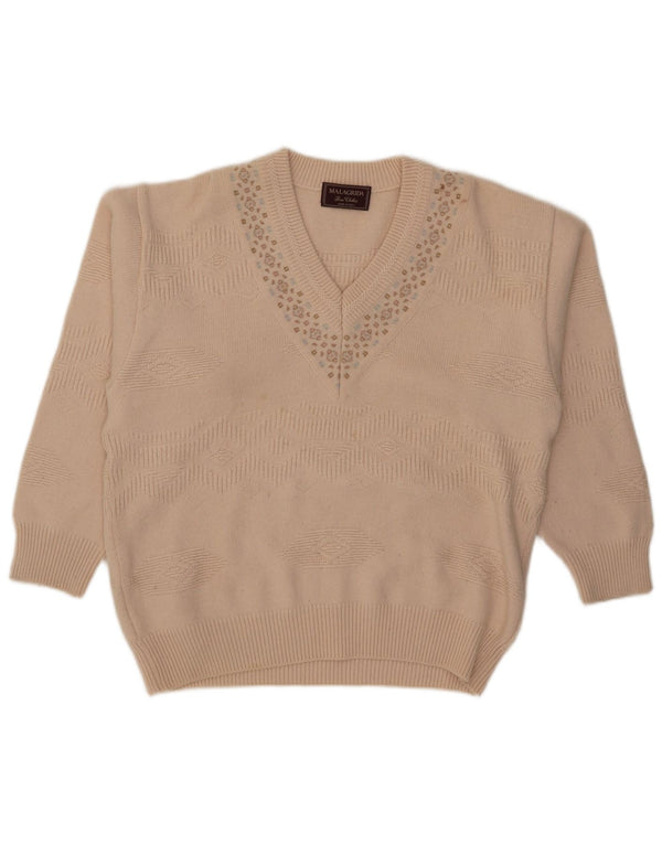 Malagrida Jersey con cuello en V para mujer UK 40 XL Beige Geométrico