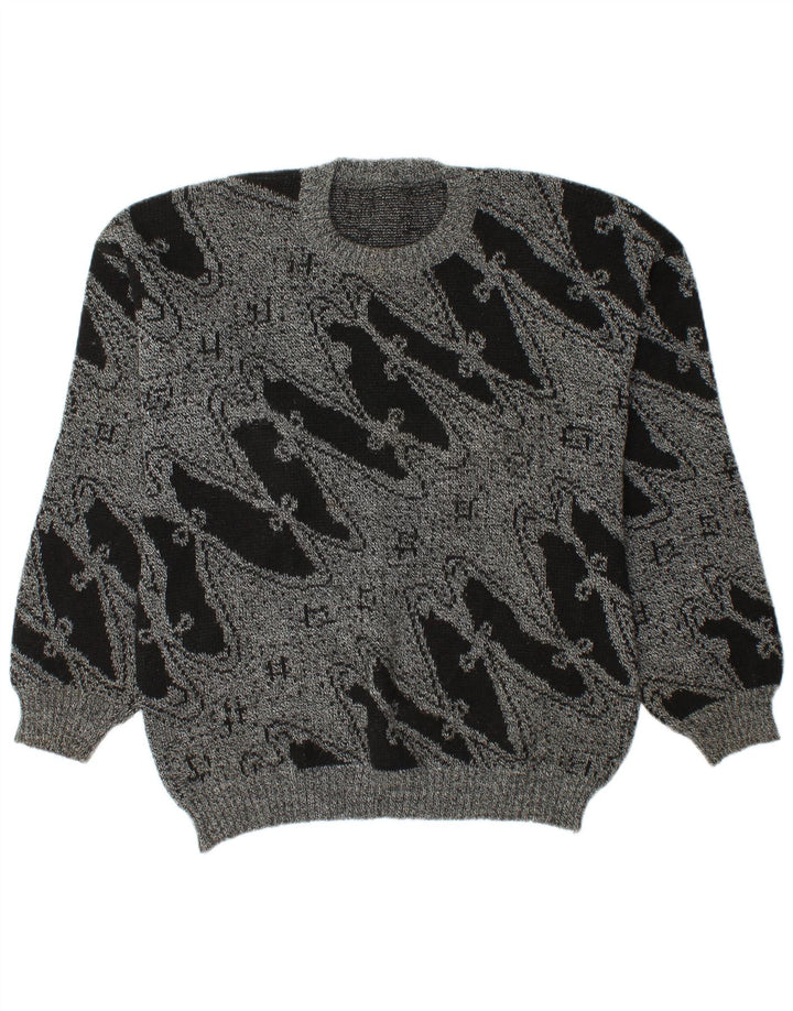 Vintage hombres cuello redondo jersey suéter grande gris geométrico