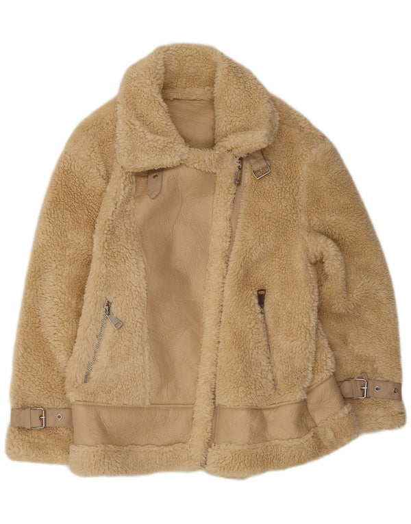 Vintage mujer Sherpa chaqueta Reino Unido 14 poliéster beige medio