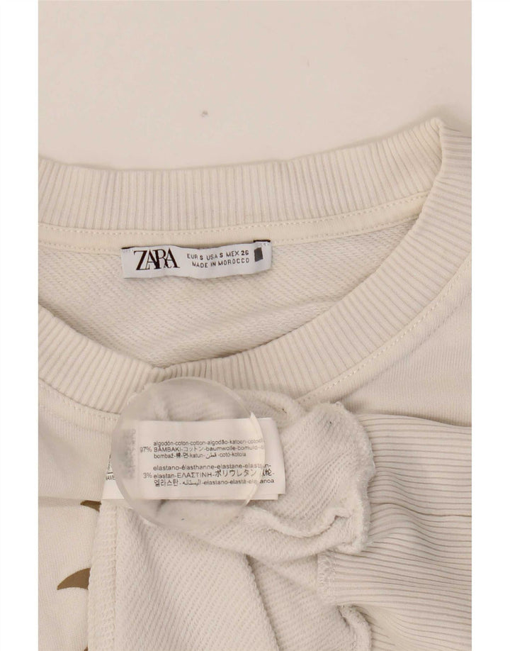 Zara Mujer Gráfico Sudadera De Gran Tamaño Jersey Reino Unido 10 Pequeño Algodón Blanco