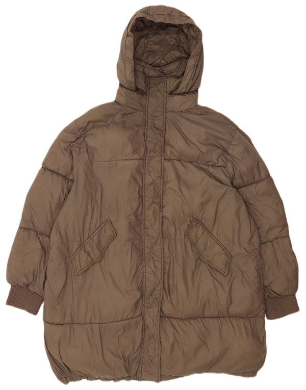 Zara Mujer Chaqueta Acolchada Extragrande Con Capucha UK 40 XL Nylon Marrón