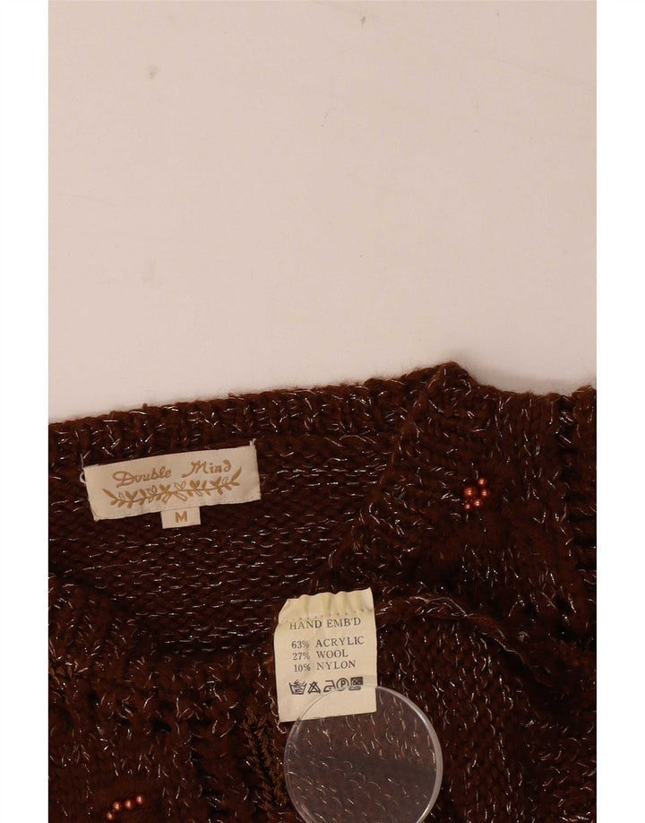 Vintage mujer cuello redondo jersey suéter Reino Unido 14 patchwork marrón medio