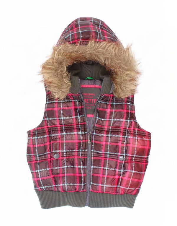Benetton Chaleco Acolchado Con Capucha Para Niña 7-8 Años Pequeño Cuadros Rojos