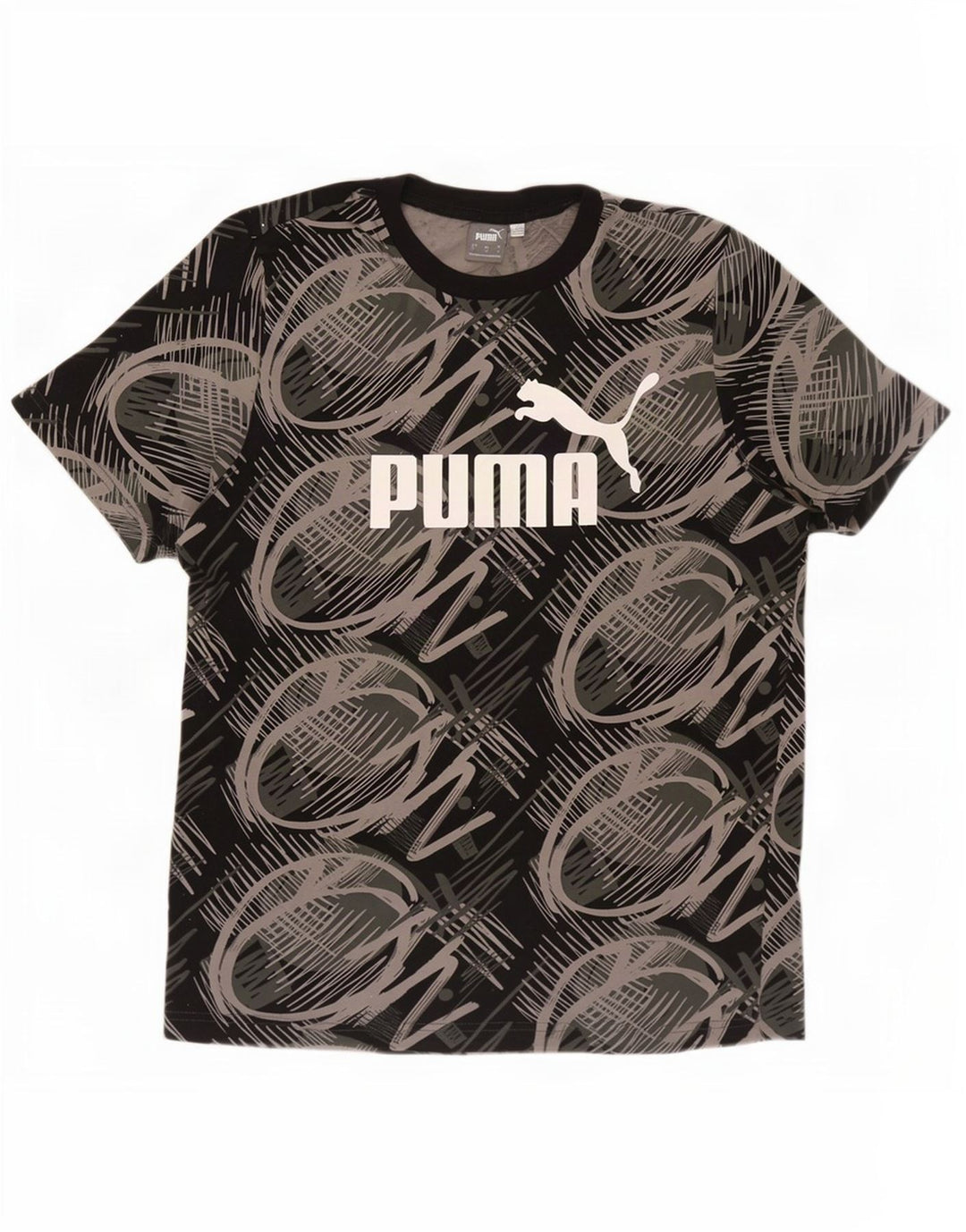 Puma Camiseta con estampado abstracto para hombre, talla grande, algodón negro