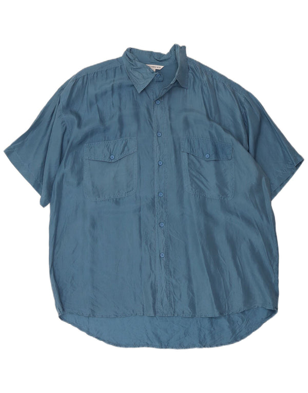 Camisa vintage de manga corta para hombre de seda azul grande