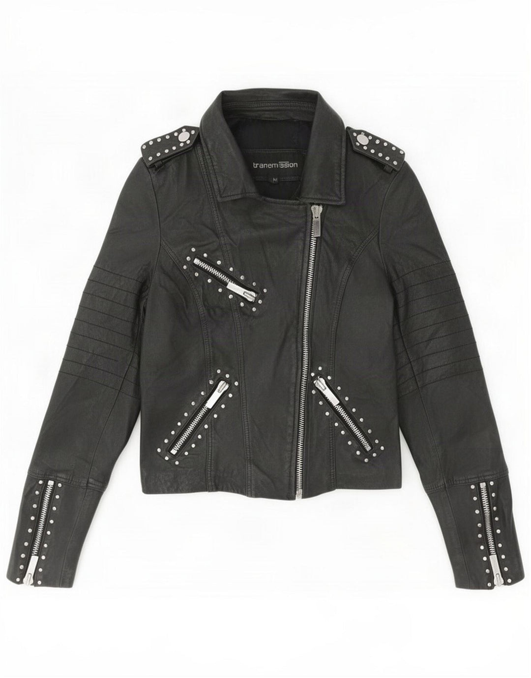 Transmission Chaqueta motera de cuero para mujer UK 44 Medium Black