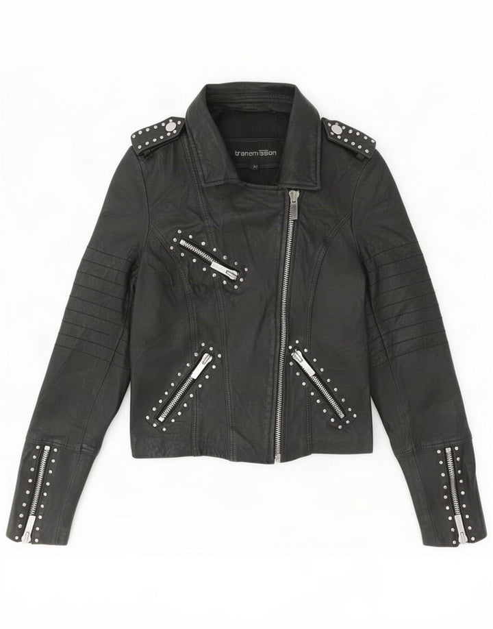Transmission Chaqueta motera de cuero para mujer UK 44 Medium Black