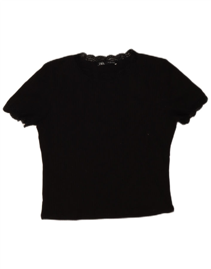 Zara Mujer Crop Blusa Top UK 44 Grande Algodón Negro