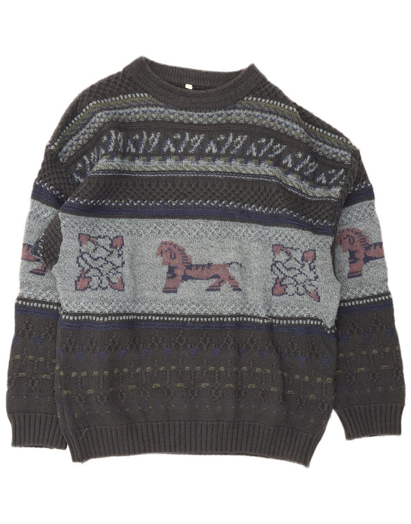 Vintage hombres gráfico cuello redondo jersey suéter XL gris Fair Isle lana