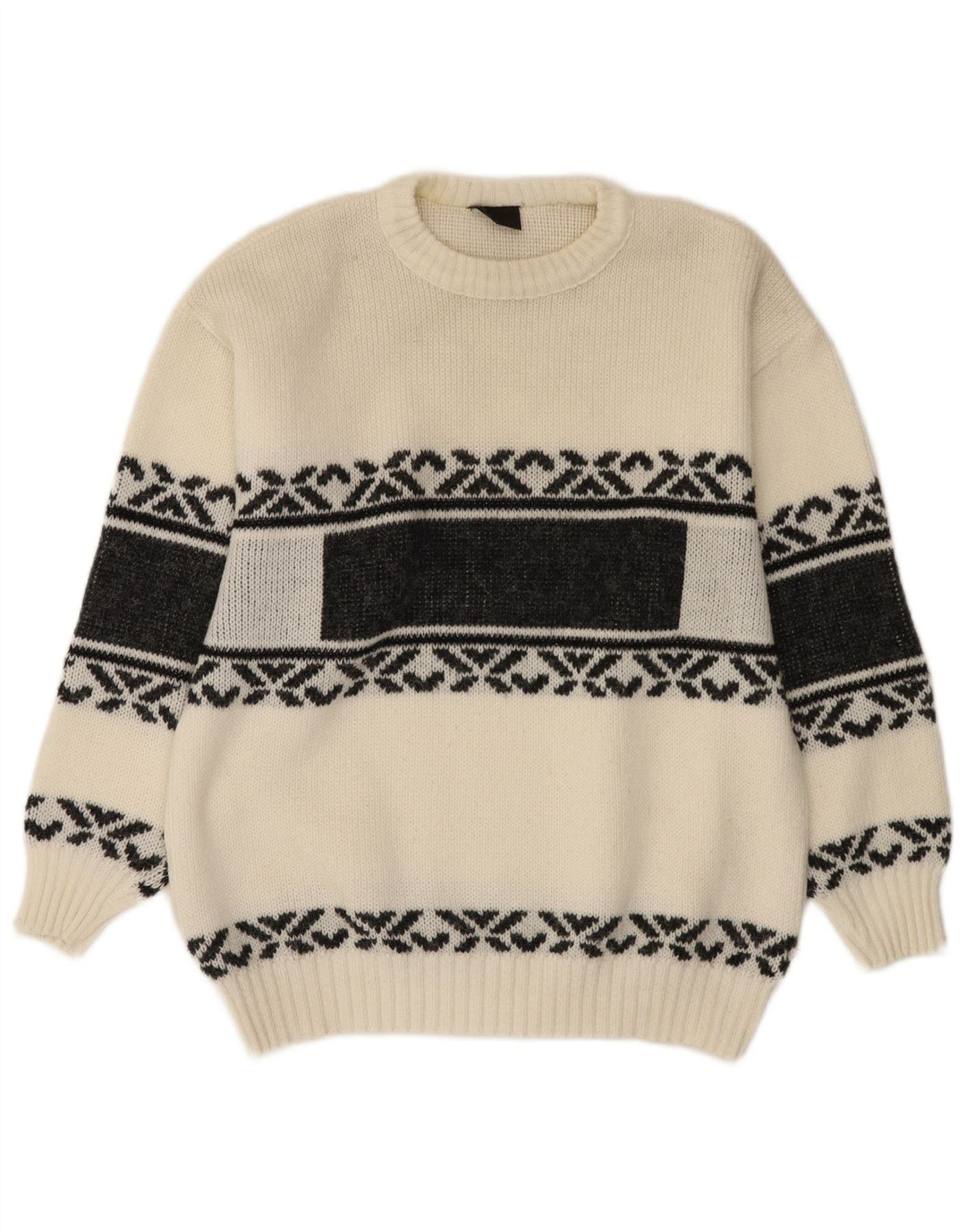 Vintage hombres cuello redondo jersey suéter medio blanco Fair Isle