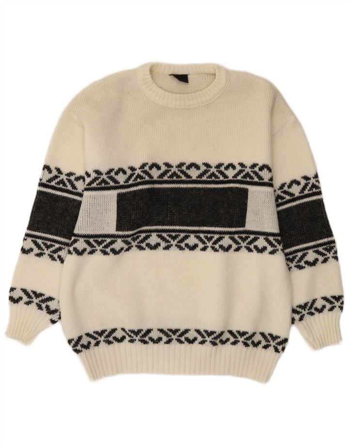 Vintage hombres cuello redondo jersey suéter medio blanco Fair Isle