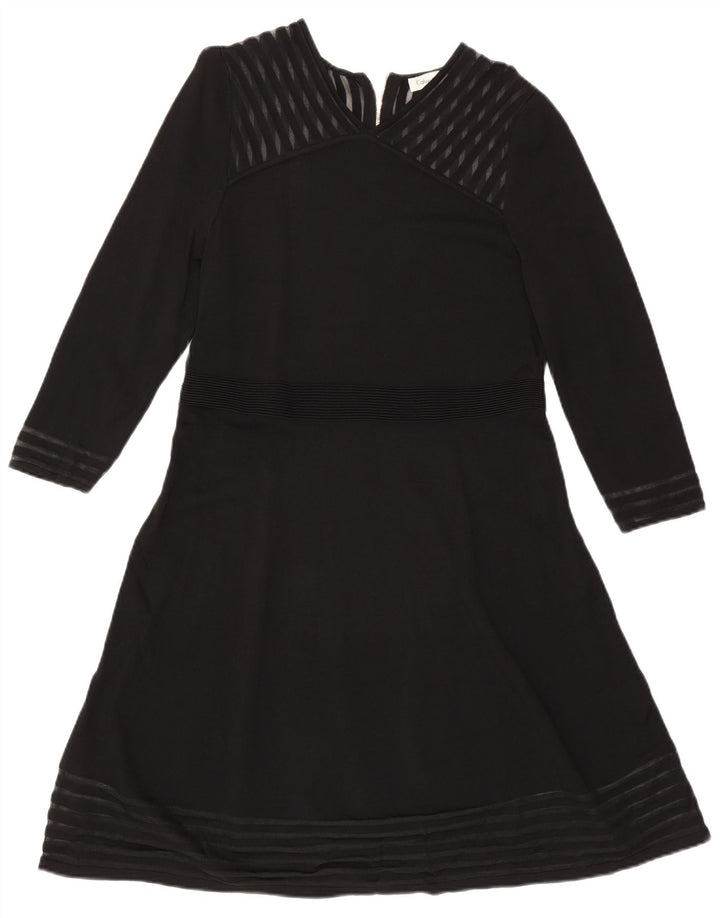 CALVIN KLEIN Vestido acampanado de manga larga para mujer UK 40 XL Rayón negro a rayas