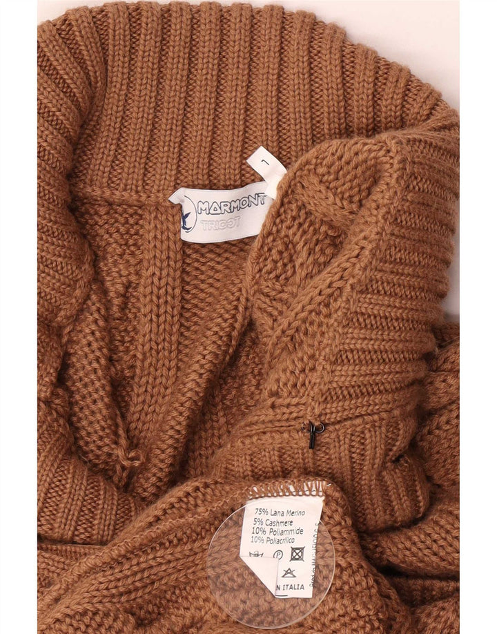Vintage hombres regular fit cardigan suéter grande marrón lana merino