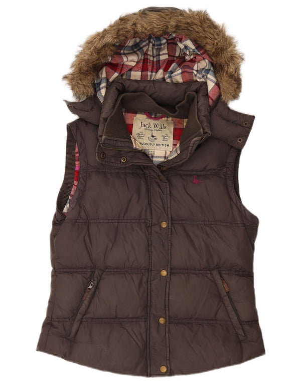 JACK WILLS Chaleco acolchado con capucha para mujer UK 42 Nylon marrón medio