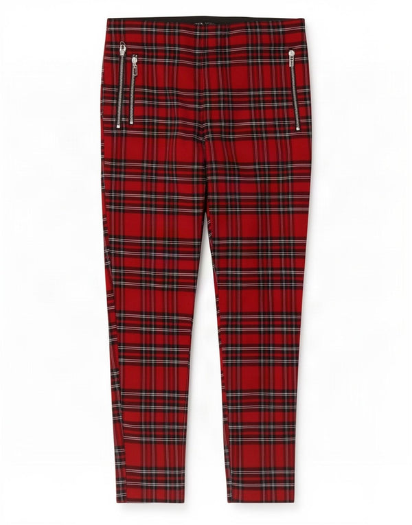 Zara Mujer Pantalón Casual Pitillo XL W32 L27 Viscosa A Cuadros Rojos