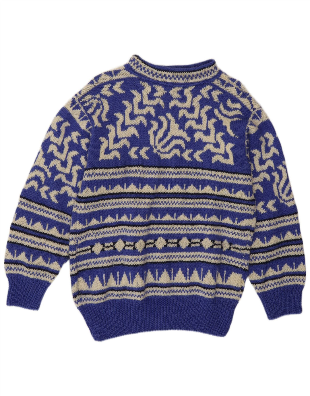 Vintage hombres tortuga cuello jumper suéter medio azul geométrico