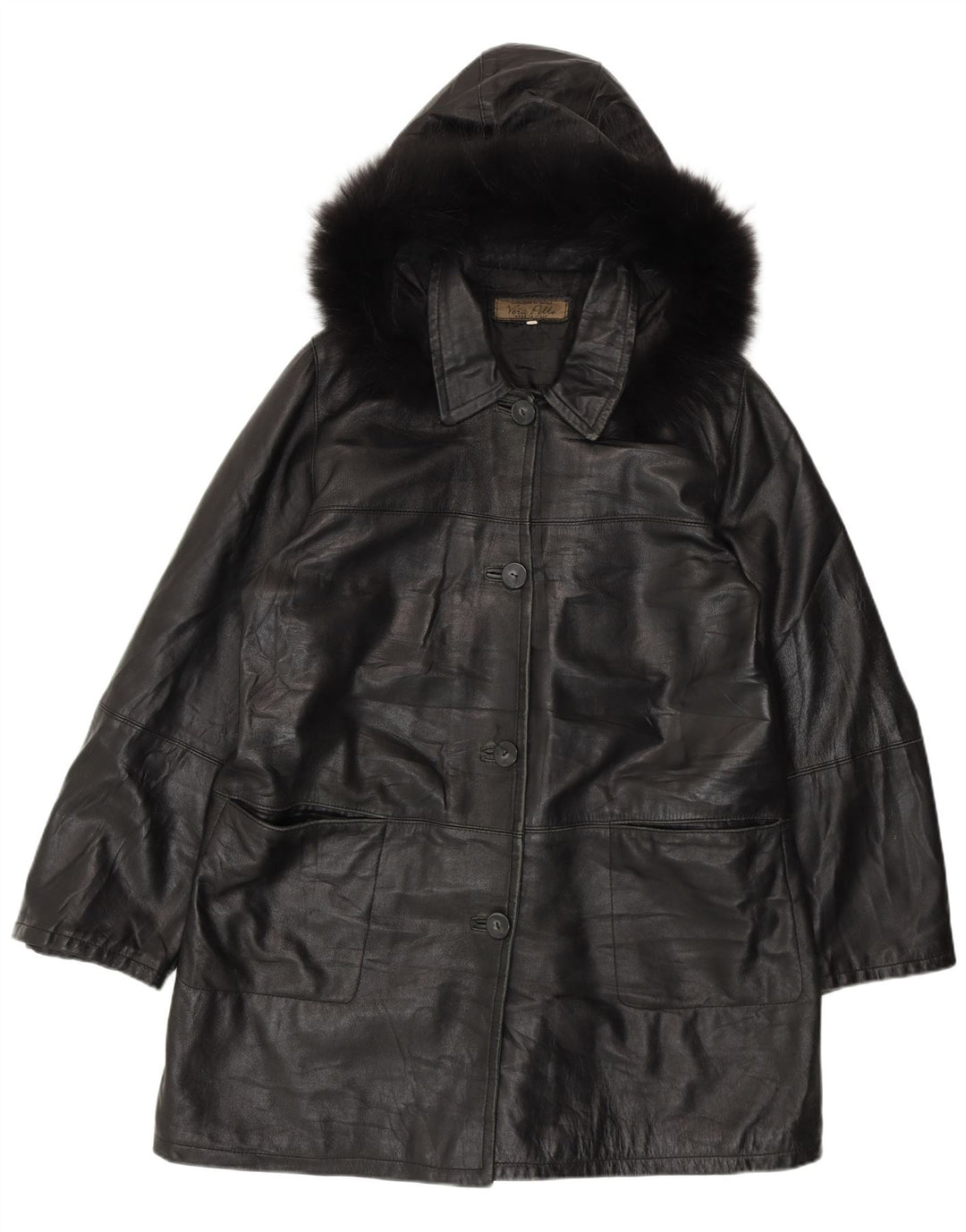 Vintage mujer con capucha abrigo de cuero IT 50 XL cuero negro