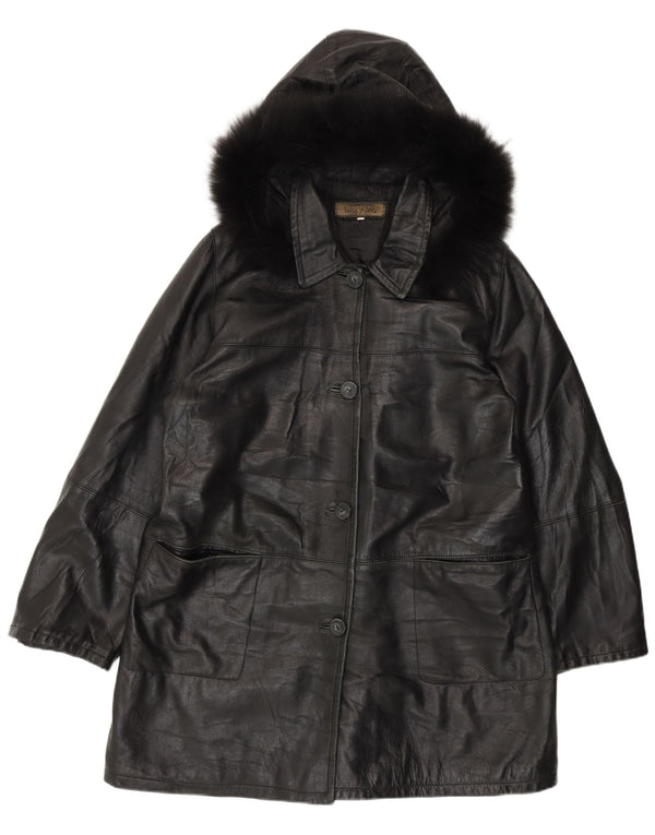 Vintage mujer con capucha abrigo de cuero IT 50 XL cuero negro