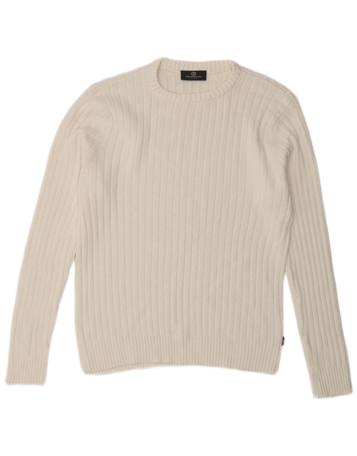 Vintage hombres cuello redondo jersey suéter pequeño algodón blanco