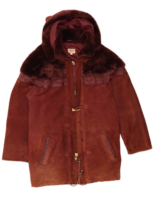 Yuppie Womens Oversized Hooded Suede Overcoat UK 10 Small Brown Leather