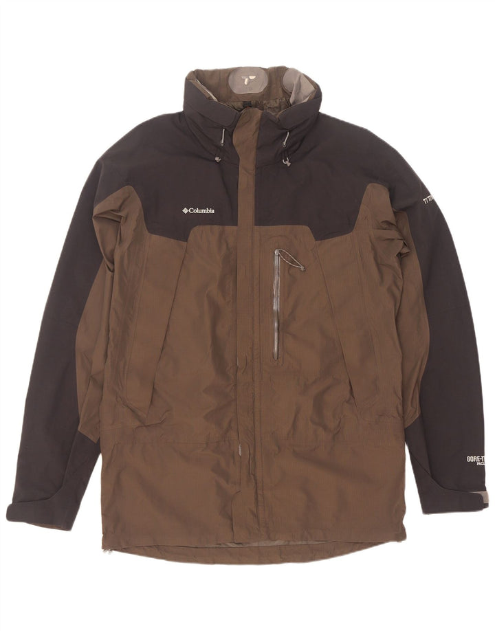 Columbia Chaqueta impermeable con capucha Titanium para hombre Reino Unido 38 Marrón medio Colorblock