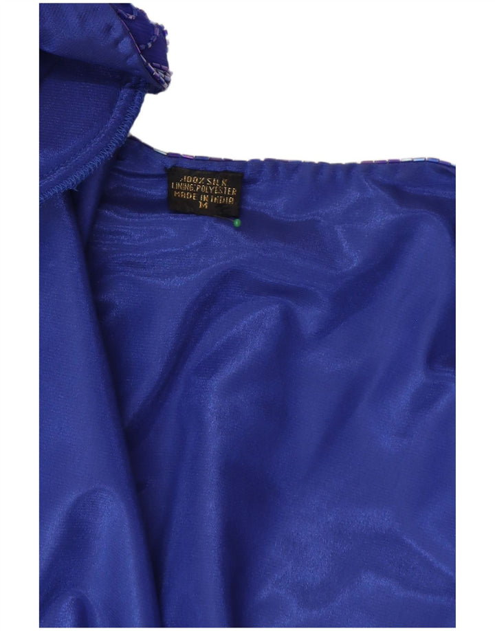 Vintage mujer crop blazer chaqueta Reino Unido 14 seda azul medio