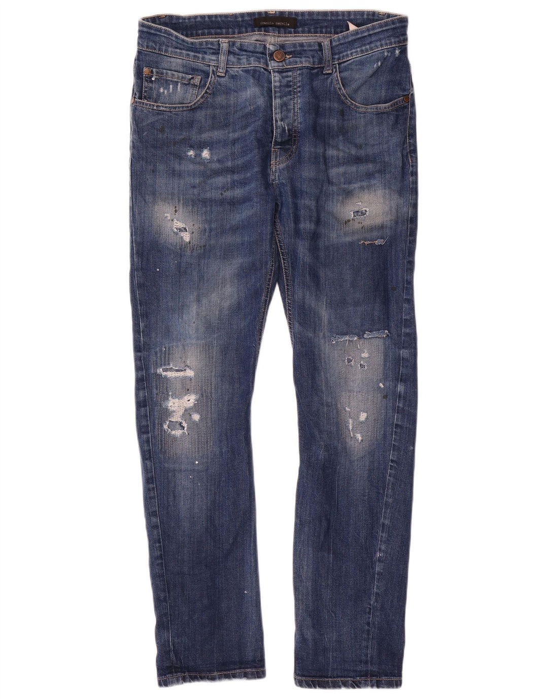 Frankie Morello Vaqueros ajustados desgastados para hombre W34 L29 Algodón azul