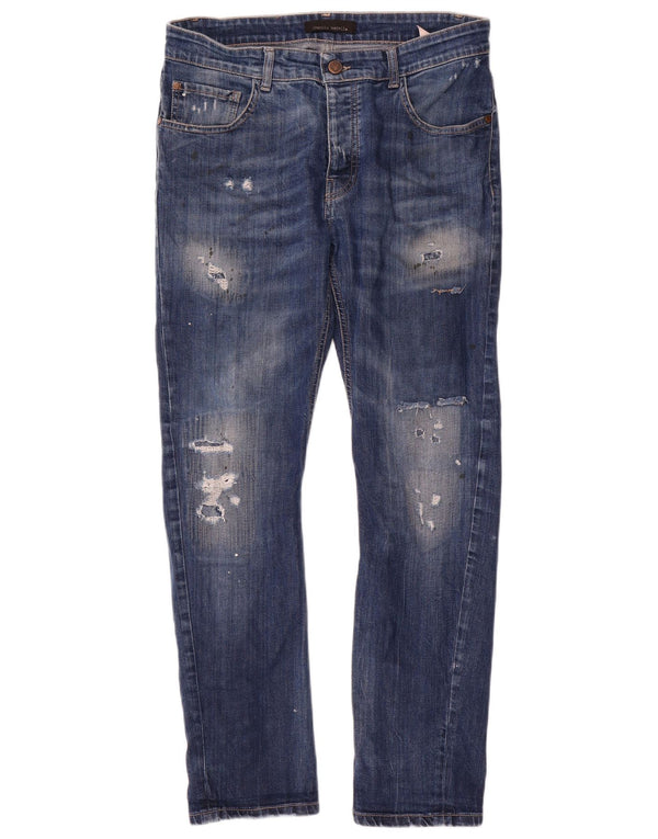 Frankie Morello Vaqueros ajustados desgastados para hombre W34 L29 Algodón azul