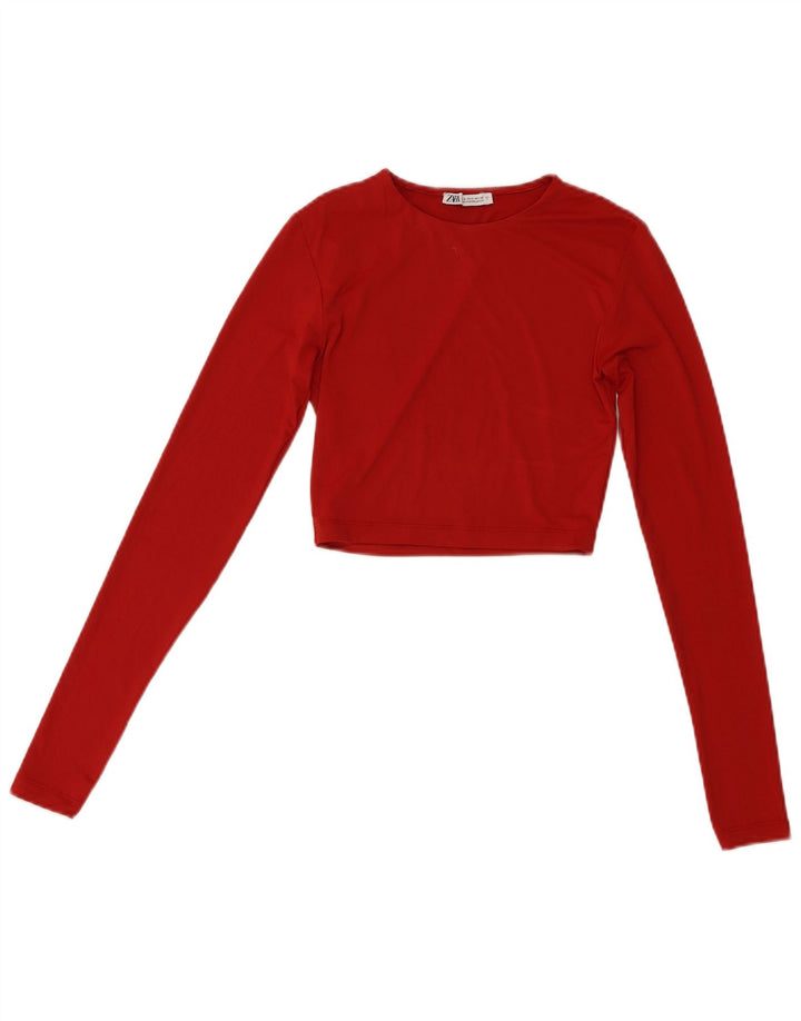 Zara Mujer Crop Top Manga Larga UK 8 Small Rojo Poliamida