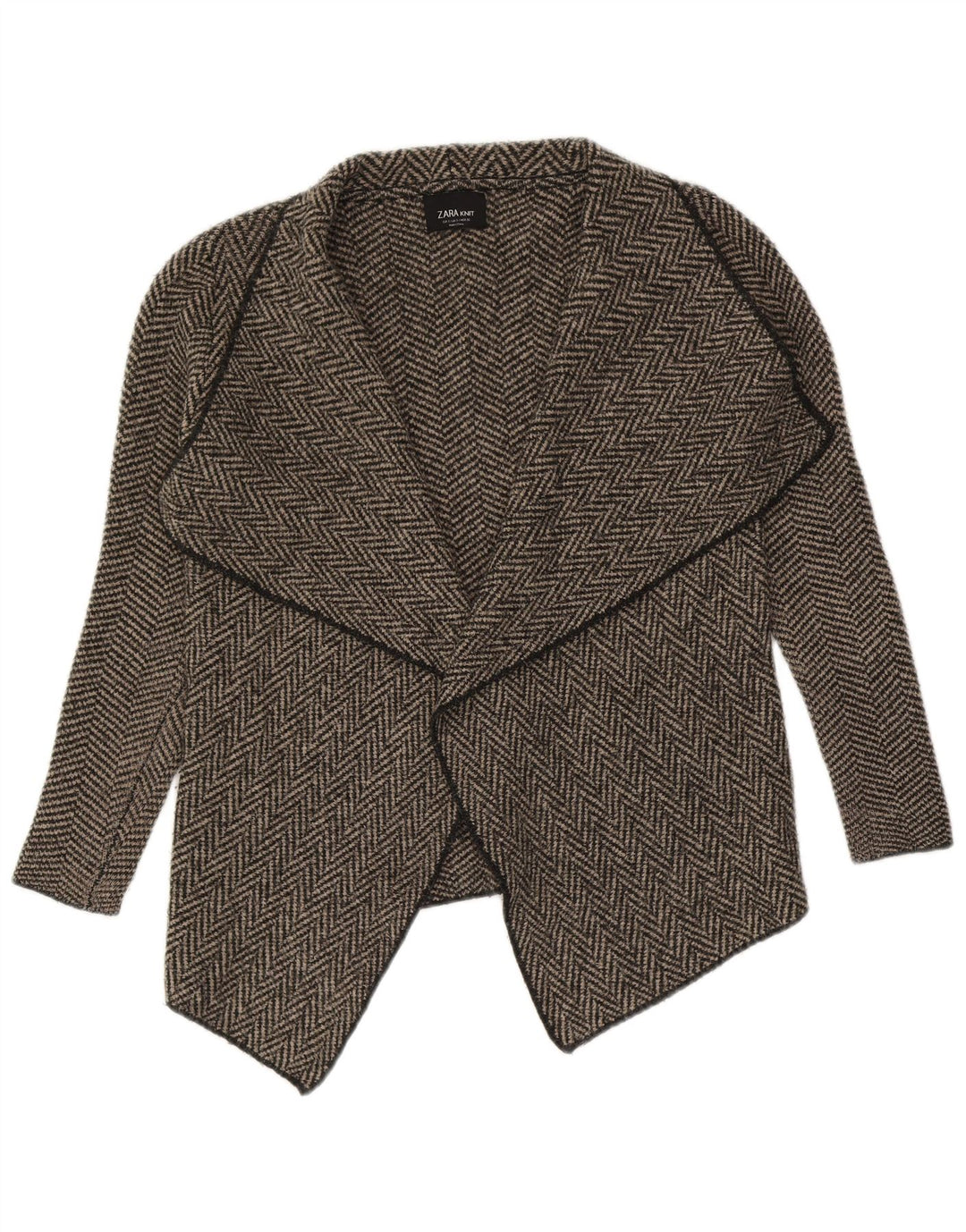 Zara Mujer Suéter Cárdigan Abierto Asimétrico UK 10 Small Grey Herringbone